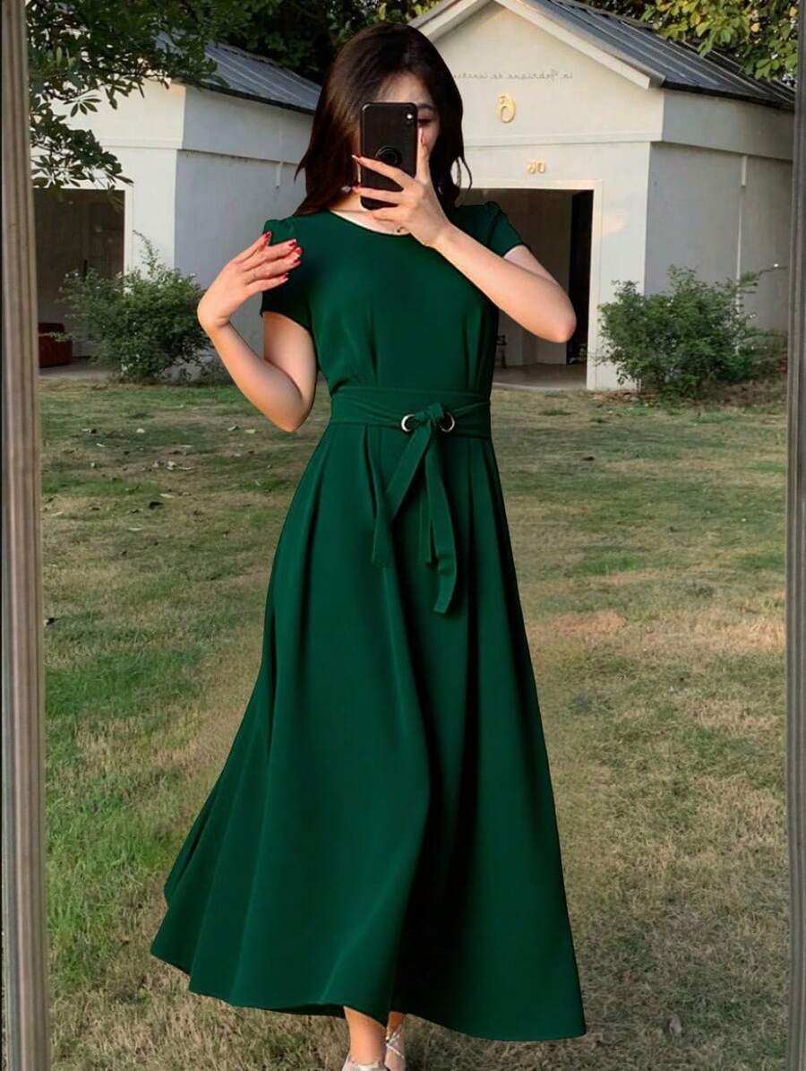 Falda larga para mujer color liso con cordón Vestidos de mujer Vestido midi con cintura con cordón y bolsillos laterales, vestido para la vuelta al cole, vestido de otoño para mujer, vestido de profesora, vestido de despedida de soltera, vestido informal para mujer, vestido midi para mujer, vestido de trabajo para mujer, vestido de otoño para mujer, vestido largo para mujer, disfraz de Halloween, vestido informal de negocios, vestido de verano para mujer - Verde - Ver 1