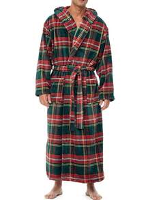 Mens Robe With Hood, Plush Fleece Hooded Mens Bathrobe, Big And Tall Bath Robe For Menhalloween - Forest Tartan Plaid - View 7