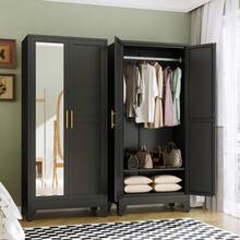 71 Inch High Metal Wardrobe, Bedroom Wardrobe With Mirror And Hanger, Steel Wardrobe With Adjustable Shelves And Storage Room, Suitable For Bedrooms, Laundry Rooms, Dormitories - 黑色 - 查看 1