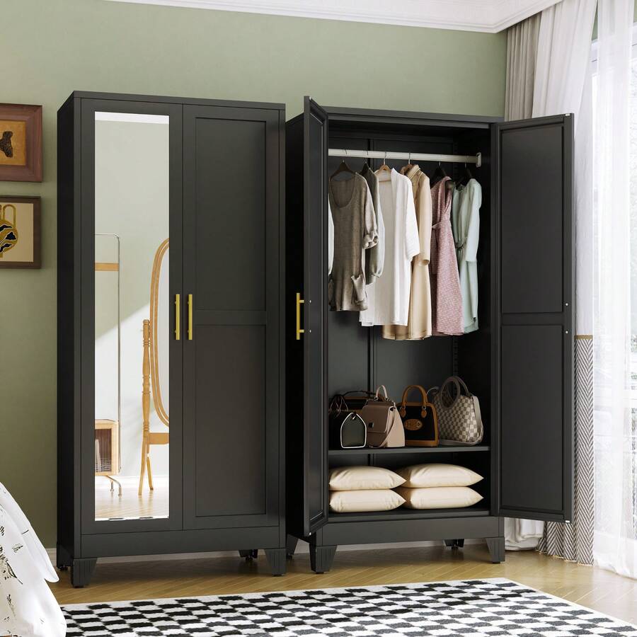 71 Inch High Metal Wardrobe, Bedroom Wardrobe With Mirror And Hanger, Steel Wardrobe With Adjustable Shelves And Storage Room, Suitable For Bedrooms, Laundry Rooms, Dormitories - 黑色 - 查看 1