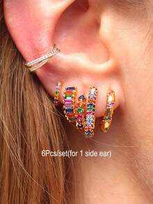 6 件/套多色女士耳环套装蓝色锆石环状耳环粉色珐琅吊坠耳环女士度假珠宝配饰