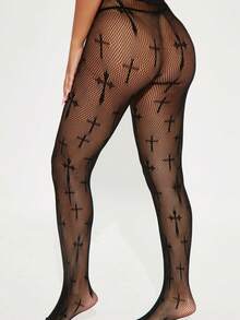 1双加大码渔网袜，性感十字纹弹力紧身裤，十字设计渔网袜，适合日常聚会、情侣约会、节日