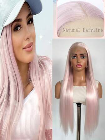13*4 Lace Front Perücke, langes glattes Haar, hellrosa synthetische Lace Front Perücke, blassrosa lange gerade Perücke hitzebeständige synthetische Lace Front Perücke mit natürlicher Haarline, geeignet für Party, Cosplay, Halloween