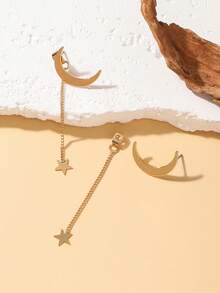 1 Pair Star & Moon Design Earrings For Women, Simple Elegant Tassel Front & Back Earring Set, Everyday Luxury Jewelry - Earrings - View 5