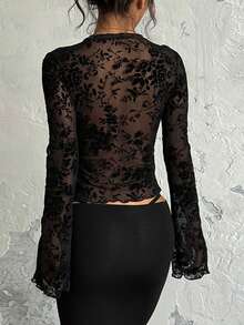 1 pieza Blusa con mangas abullonadas, frente con lazo y volantes, estampado floral en malla para mujer de otoño