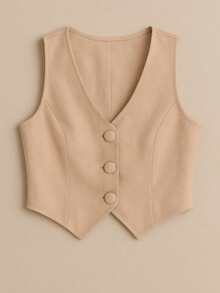 Women's Vest In Simple Tailoring, Buttons On The Front, Asymmetrical Button Office - Beige - View 2