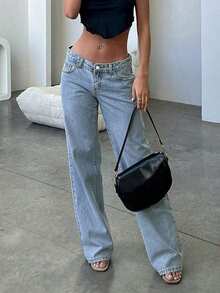 Quần jeans nữ dáng suông, kiểu dáng thường ngày, hiệu ứng giặt mài, túi cài nút và khóa kéo, chiều dài đầy đủ, chất liệu denim dệt không co giãn. - Rửa nhẹ - Xem 8