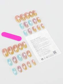 30pcs Almond/Short Ombre 7-Color False Nails, Comes With 1pc Jelly Gel & 1pc Nail File, Suitable For Party & Daily Manicure - Multicolor - View 4