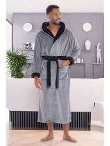 Mens Robe With Hood, Plush Fleece Hooded Mens Bathrobe, Big And Tall Bath Robe For Menhalloween - Steel Gray With Black - View 6
