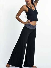Women Fold Over Waist Flared Pants Yoga Leggings Workout Sweatpants Y2k Loose Wide Leg Trousers Sportswear - màu đen - Xem 2