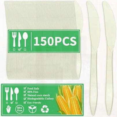 150 Pack 7 Inch Compostable Disposable Knives, No Plastic, Duty Utensils, -Friendly Cornstarch, , For Party BBQ, Picnic Events, Daily Use