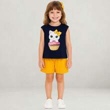 Conjunto Infantil Menina Verão Blusa Meia Malha e Short Moletinho Confortavel Elegante Kyly 1000986 - Azul Marinho - Visão 4