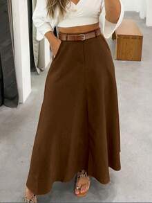 Solid Color High Waist Skirt With Pockets On Both Sides And Wide Hem - Maroon - View 2