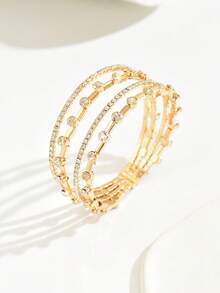 1pc Minimalist European Style Rhinestone Inlaid Multi-Layer Open Bangle Bracelet, Versatile For Daily Wear