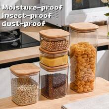 1pc Square Plastic Sealed Jar - Physical Container With Wooden Lid Multifunctional Food Storage Jar, Moisture-Proof And Insect-Proof Storage Box, Three Sizes, Sturdy, Leak-Proof, Moisture-Free Storage Of Coffee Beans, Tea, Pasta, Flour, Sugar, Nuts, Sweets, Bath Salts - The Perfect Home Kitchen Item For Organizing Pantries And Countertops - Clear - View 6
