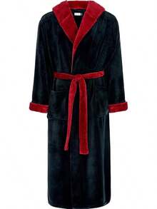 Mens Robe With Hood, Plush Fleece Hooded Mens Bathrobe, Big And Tall Bath Robe For Menhalloween - Black With Burgundy - View 1