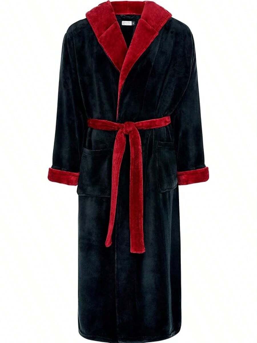 Mens Robe With Hood, Plush Fleece Hooded Mens Bathrobe, Big And Tall Bath Robe For Menhalloween - Black With Burgundy - View 1
