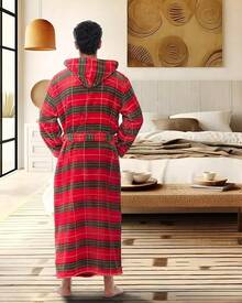 Mens Robe With Hood, Plush Fleece Hooded Mens Bathrobe, Big And Tall Bath Robe For Menhalloween - Autumn Harvest Plaid - View 5