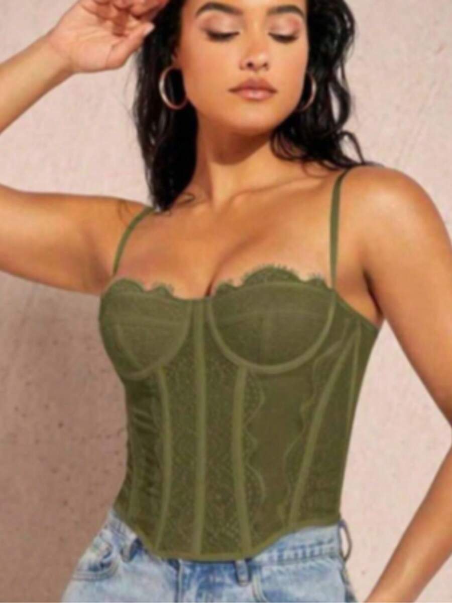 Women's Cropped Corset Long Sleeve In Tulle With Lace Sexy And Elegant Look Party Fashion And Simple Casual Backless Cup Detail With Back Adjustment - 軍綠色 - 查看 1