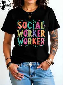 Black 180g Cotton Crew Neck Short Sleeve Graphic Tee For Women Social Worker Inspirational Floral Print Casual Streetwear Empowerment Statement Spring Fashion - Black - View 2