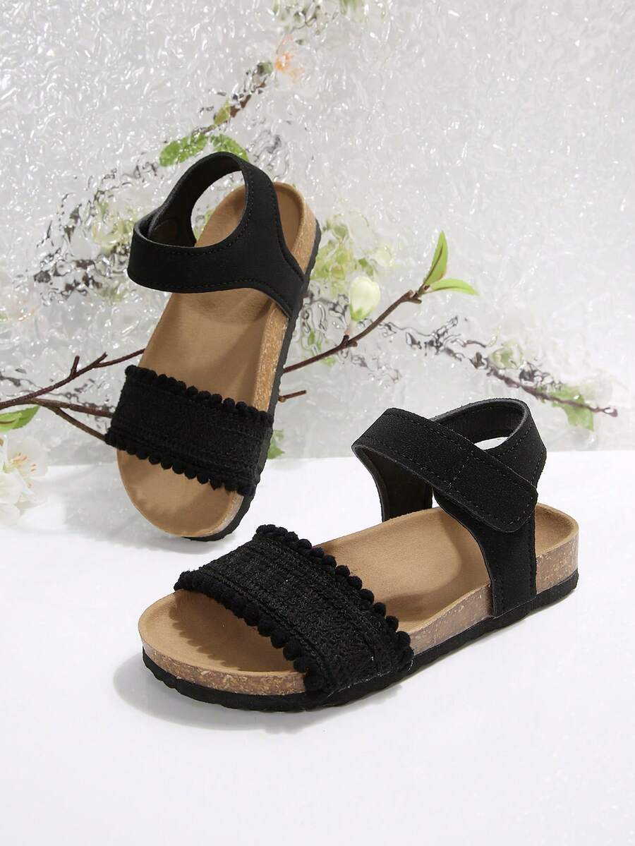 1 Pair Girls & Teens Comfortable Soft Cork Bottom Princess Style Casual Bohemian Flat Sandals, Suitable For 3-14 Years Old Girls, Flat Sandals For Summer Vacation, Beach, Daily Wear - Black - View 1