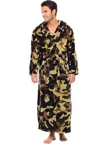 Mens Robe With Hood, Plush Fleece Hooded Mens Bathrobe, Big And Tall Bath Robe For Menhalloween - Green Camouflage - View 1