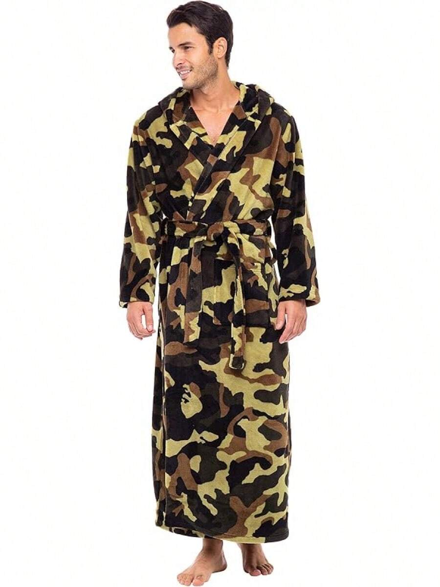 Mens Robe With Hood, Plush Fleece Hooded Mens Bathrobe, Big And Tall Bath Robe For Menhalloween - Green Camouflage - View 1
