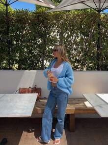 Áo khoác cardigan dáng rộng, đơn sắc, tối giản, đa năng, phong cách thường ngày. - Màu xanh lam - Xem 4