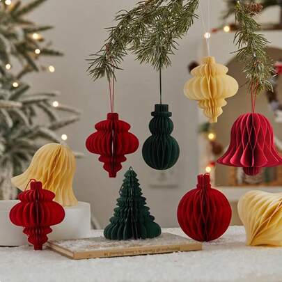 1pc, Christmas Honeycomb Tree And Lantern Ornaments, Paper Festive Tabletop Decorations For Xmas, New Year, Thanksgiving, Birthday, Perfect For Christmas Tree Decoration, Party & Home Holiday Decor Home Decor Christmas Decorations Room Decor Winter