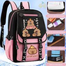 Mochila escolar, mochila escolar con dibujo de carpincho, mochila multifuncional, mochila escolar grande con carpincho, bolsa de viaje de gran capacidad, mochila impermeable, mochila para exteriores, bolsa de almacenamiento, bolsa de viaje, mochila ligera informal, mochila impermeable informal para portátil, bolsa de viaje informal para portátil con bandolera en forma de S, diseño de animal lindo, suministros de almacenamiento, suministros de viaje, adecuada para la escuela, el trabajo, viajes (marrón, rosa) - Rosa - Ver 6