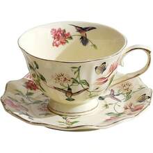 Fanquare Vintage Spring Style Tea Cup And Saucer Set, 8 Oz Porcelain Coffee Cup With Gold Trim, Flower And Bird Teacups For Women And Tea Parties - Bird and Flower - View 3