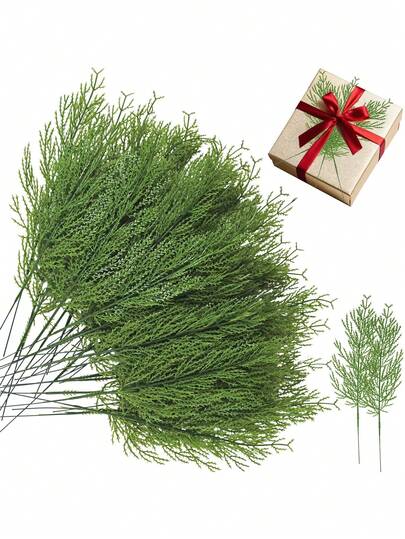 100 piezas de ramas artificiales de pino, tallos de cedro falso de Navidad, ramas de cedro artificiales, adornos navideños de follaje de pino falso para coronas, manualidades DIY, decoración del hogar y la cocina, decoración navideña, decoración de habitaciones