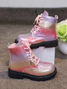 1 Pair Girls Rainbow Glitter Side Zipper Round Toe Thick Sole Cute Fashion Boots, Soft & Comfortable, Suitable For 2-15 Years Old Boys & Girls, Indoor & Outdoor Wear, Versatile For All Seasons And Occasions