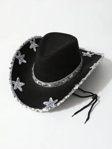 1 件女士西部牛仔帽，防晒帽，带有银色海星装饰的派对帽，适合音乐节、西部风格活动、复古派对、角色扮演、服装派对、生日庆祝、舞台表演、沙滩装，四季皆宜