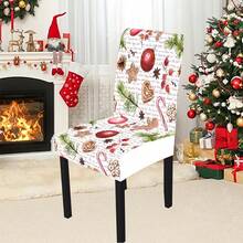Conjunto de capa para cadeira com estampa de galhos de pinheiro e boneco de gengibre natalino, 1/4/5/6/7/36 peças, ideal para ambientes internos, como casa, restaurante e hotel. A escolha ideal para decoração moderna do dia a dia. A toalha de mesa serve em mesas de jantar quadradas e a capa elástica para cadeira é lavável. - ZYT-293 - Ver 3