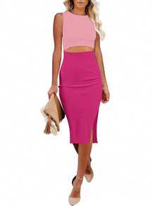 Elegante vestido midi ajustado con cortes en blanco - Rosa roja-rosa claro - Ver 1