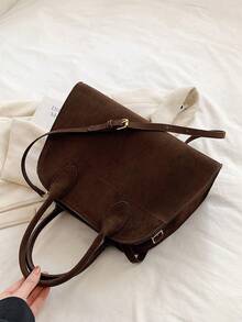 Women's Solid Color Handbag, Faux Leather Tote Bag, Retro Style Handbag, Fashionable Retro Shoulder Bag, Square Shopping Bag - Coffee - View 4