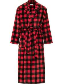 Mens Robe With Hood, Plush Fleece Hooded Mens Bathrobe, Big And Tall Bath Robe For Menhalloween - 紅黑水牛格紋 - 查看 1