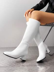 Women's Square Toe Knee-High Boots Block Chunky Heels And Zip Closure Festival Party Gogo Boots For Fall And Winter - 白色 - 查看 2