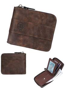 Men's Vintage Wallet, Business Style Letter Embossed Classic Credit Card Holder, Short Zipper Coin Purse