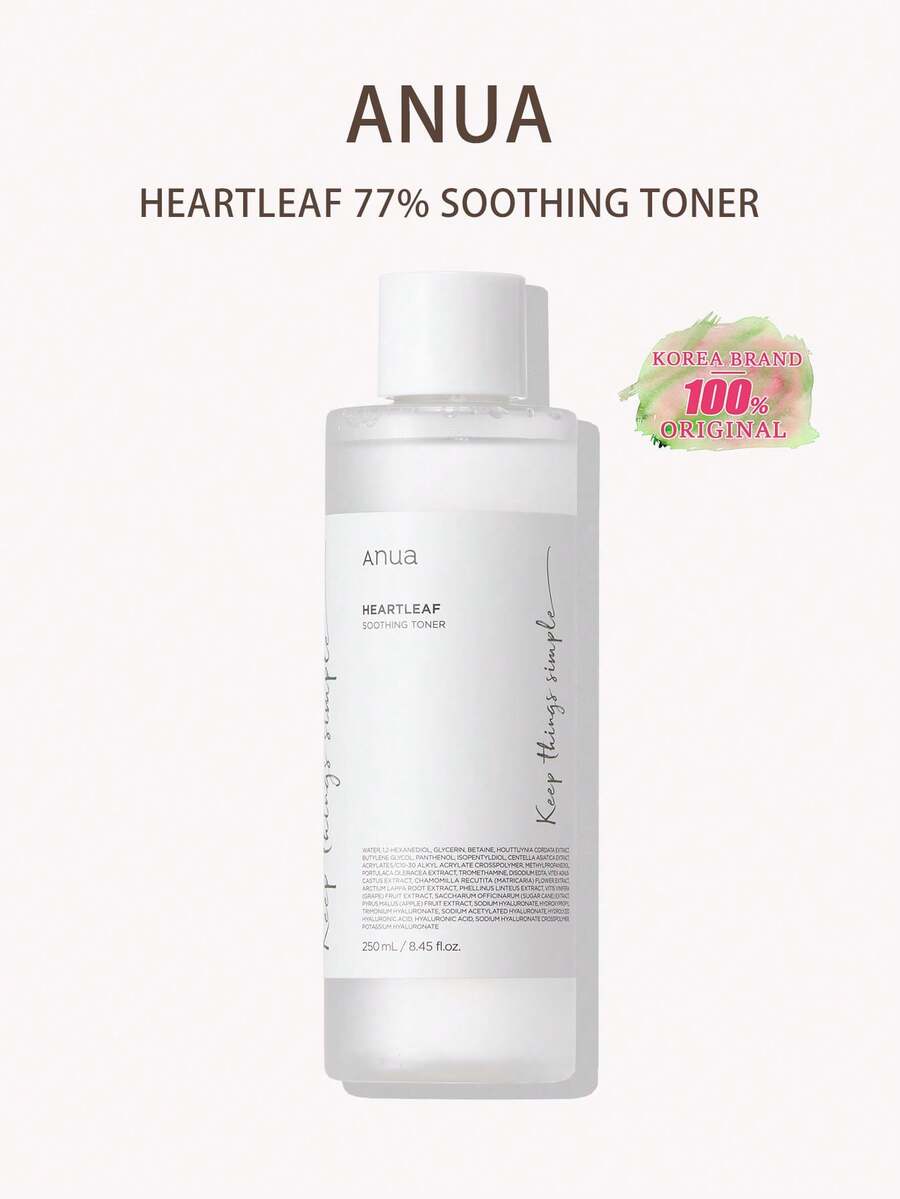 Anua Heartleaf 77% 舒缓爽肤水 PH 5.5 皮肤问题护理，镇静肌肤，清爽，保湿，净化，无残忍，适合敏感肌肤、混合性皮肤（250 毫升/8.45 液量盎司），韩国护肤品，K 美容，礼品