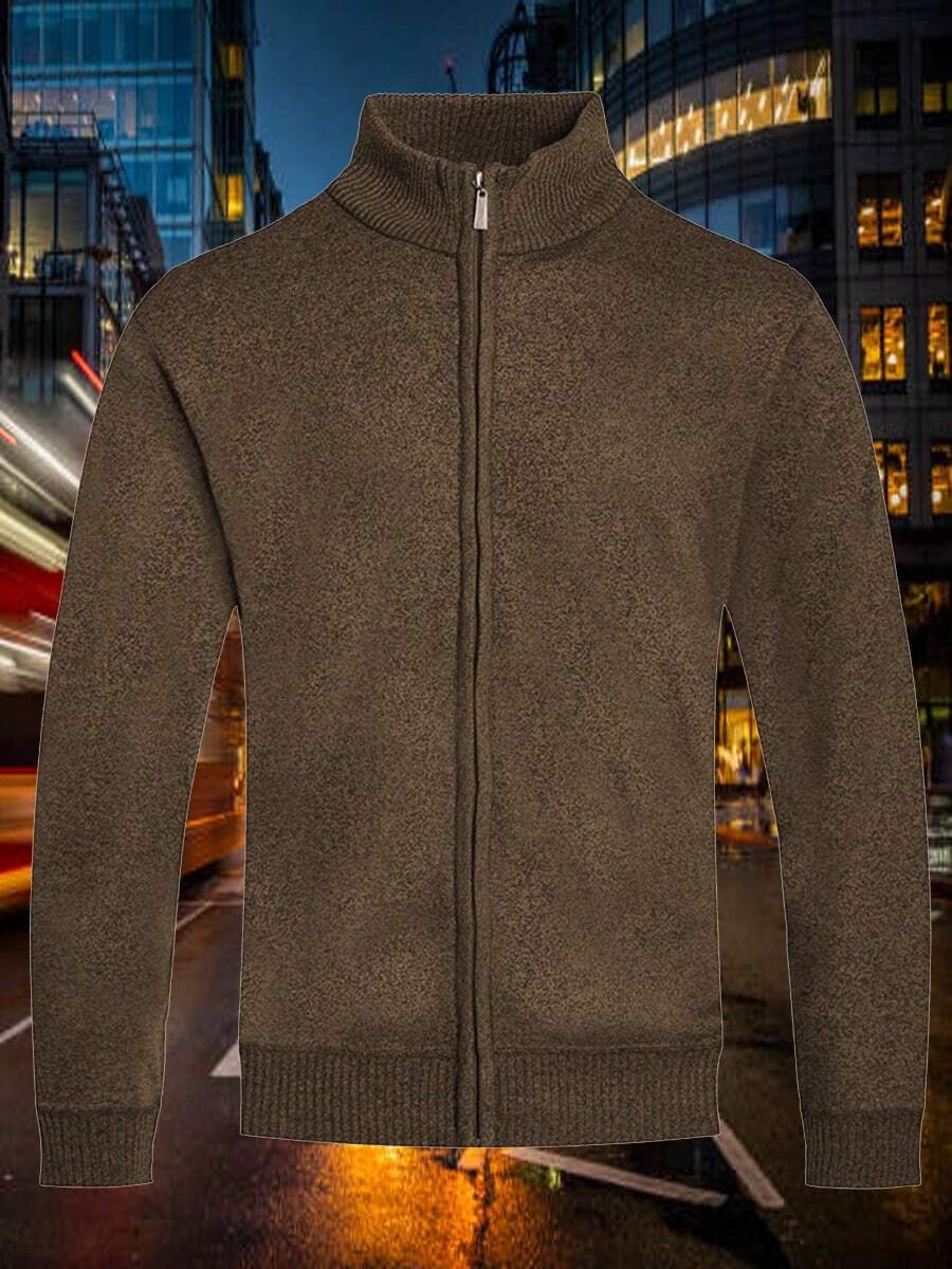 Homme Men's Simple LightweightStylish Casual Zip-Up Knit Sweater, Suitable For Autumn/Winter, Mock Neck Men, Men Knit Tops, Quarter Zip Sweater Men, Men S Sweater Plain - 棕色 - 查看 1