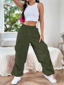 1pc Teen Girls Loose Versatile Flap Pocket Side Drawstring Outdoor Cargo Pants Spring Summer Autumn Winter Back To School - Army Green - View 5