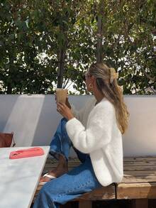 Cardigan de malha casual solto, cor lisa, decote em V, abotoamento simples - Branco - Ver 2