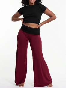 Women Fold Over Waist Flared Pants Yoga Leggings Workout Sweatpants Y2k Loose Wide Leg Trousers Sportswear - 紅色 - 查看 2