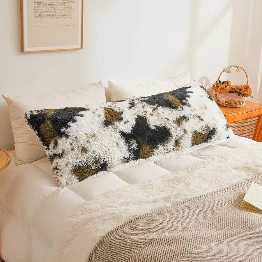 20x54 Fluffy Cheetah Print Body Pillow Cover, Leopard Print Plush Fuzzy Pillowcase With Zipper, Farmhouse Shaggy Long Pillow Cover Women Side Sleepers, Pink - 牛紋棕色 - 查看 1