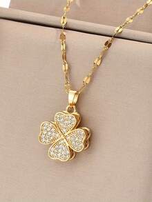 Unisex 18K 925 Gold Plated Stainless Steel Necklace With Sparkling Four Leaf Clover Pendant - Perfect - 金色 - 查看 6