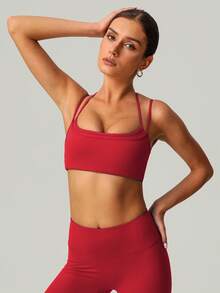Sujetador deportivo para mujer con cuello de halter, tirantes ajustables de múltiples hombros, doble capa y espalda con diseño estético para yoga, fitness y actividades deportivas - Rojo - Ver 5