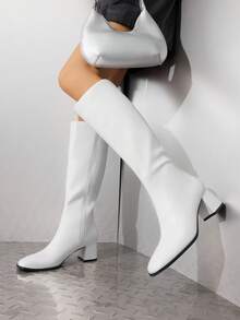 Women's Square Toe Knee-High Boots Block Chunky Heels And Zip Closure Festival Party Gogo Boots For Fall And Winter - 白色 - 查看 5