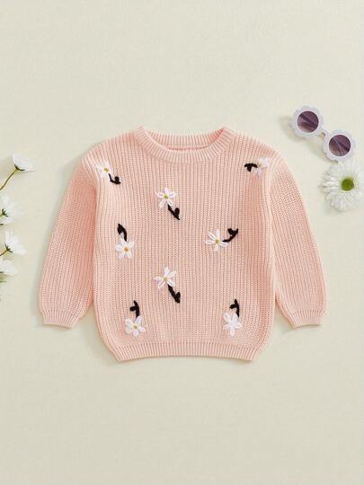 Toddler Litter Girl Sweaters Flower Embroidered Crewneck Long Sleeve Pullover Knit Tops Cute Winter Fall Clothes